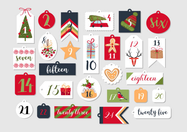 illustrations, cliparts, dessins animés et icônes de résumé imprimable tags collection pour noël, nouvel an. calendrier de l’avent. illustration vectorielle. joyeuses fêtes - advent calendar christmas number red