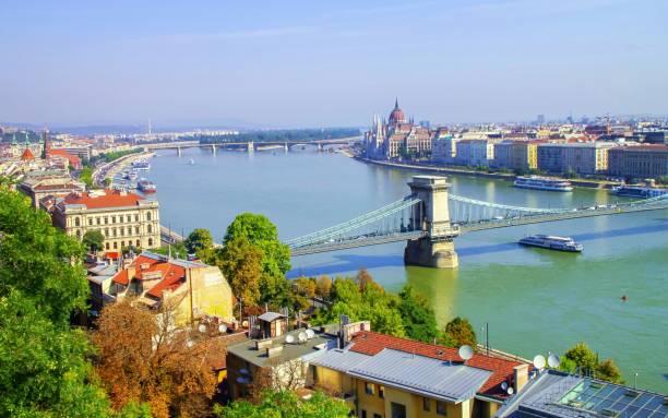 istock Vibrant view of hanging bridge over Danube river in sunny summer Budapest 1059742754