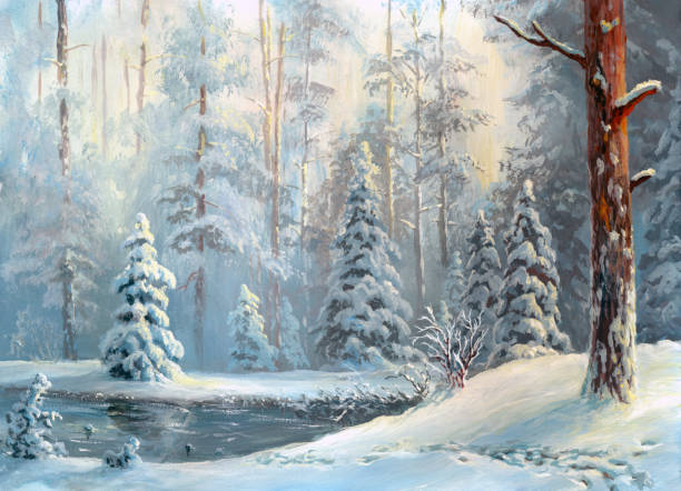 illustrazioni stock, clip art, cartoni animati e icone di tendenza di olio dipinto foresta invernale - christmas design christmas tree paintings