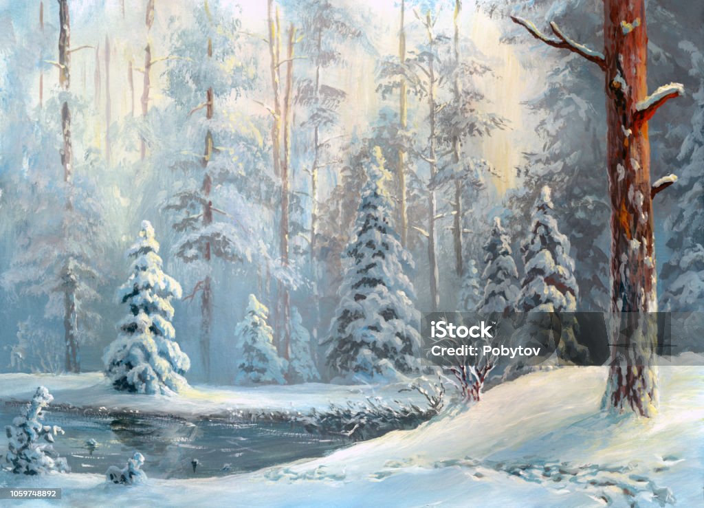 oil painted winter forest Christmas stock illustration