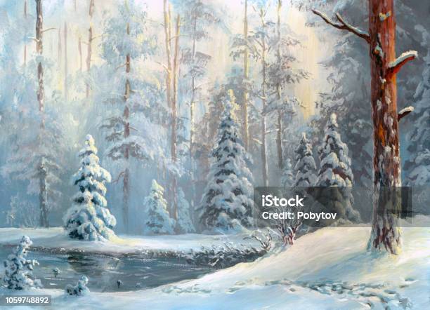 Oil Painted Winter Forest Stock Illustration - Download Image Now - Christmas, Winter, Painting - Art Product