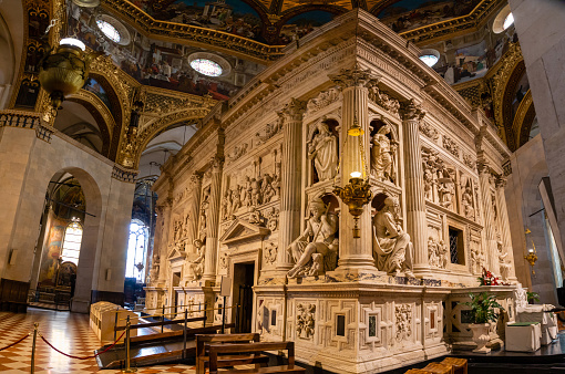 Loreto, Ancona, Italy - October 11, 2018: Interior of the Shrine of Loreto, Santuario della Madonna, detail of the Holy House of Our Lady, Italy