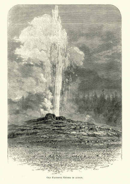 Vintage engraving of Old Faithful is a cone geyser located in Yellowstone National Park in Wyoming, United States. , 19th Century