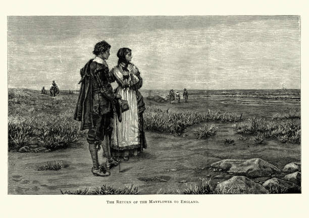 Vintage engraving of Pilgrims watching the return of the Mayflower to England