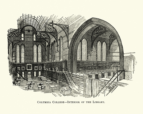 Vintage engraving of Library of  Columbia College, 19th Century. Columbia College is the oldest undergraduate college of Columbia University, situated on the university's main campus in Morningside Heights in the borough of Manhattan in New York City.