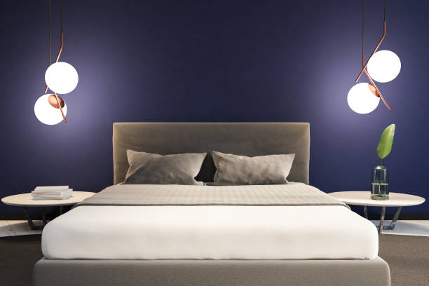 istock Purple master bedroom interior, white bed 1059764866