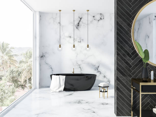 istock Black wood loft bathroom, black tub 1059765174