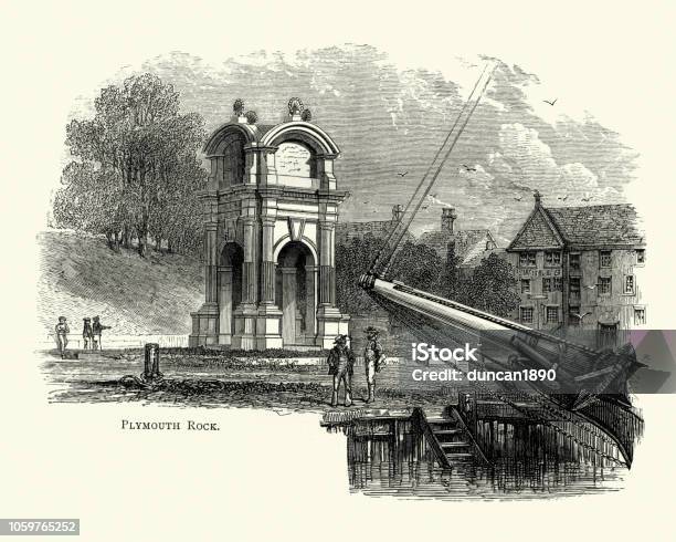 Plymouth Rock Monument 19th Century Stock Illustration - Download Image Now - American Culture, Archival, Monument