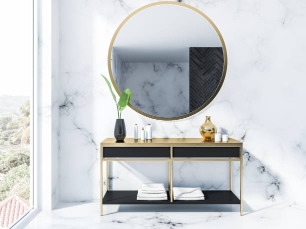 istock Black vanity unit and mirror, marble bathroom 1059765262