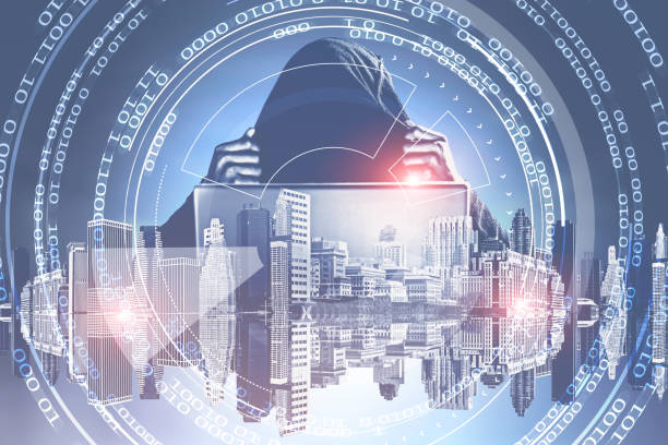 istock Hacker in a city, zeros and ones HUD 1059766480