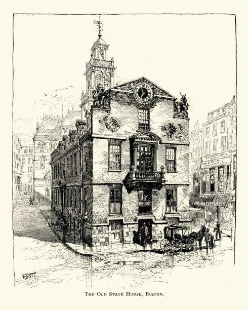 старый государственный дом, бостон, 19 век - boston old state house history famous place stock illustrations