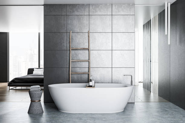 istock Gray tile bathroom, tub and ladder, bedroom 1059767312