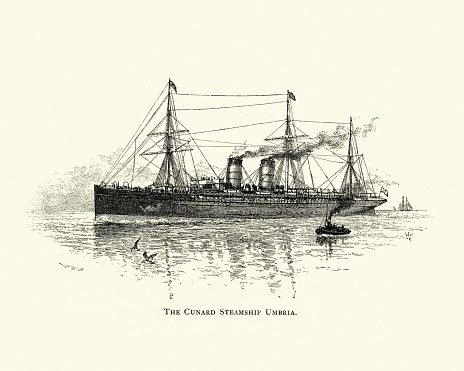 Vintage engraving of the Cunard Steamship RMS Umbria, 1891, 19th Century. The Umbria and her running mate Etruria were record breakers. They were the largest liners then in service, and they plied the Liverpool-to-New York City service.