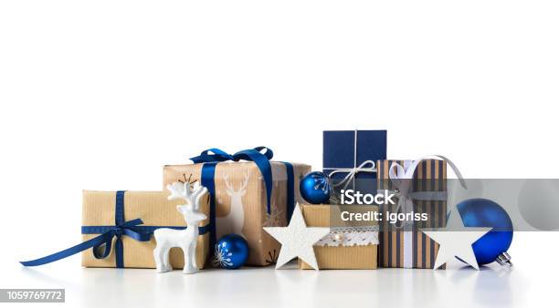 Gift Boxes And Christmas Blue Balls On White Stock Photo - Download Image Now - Christmas Present, Christmas, Blue