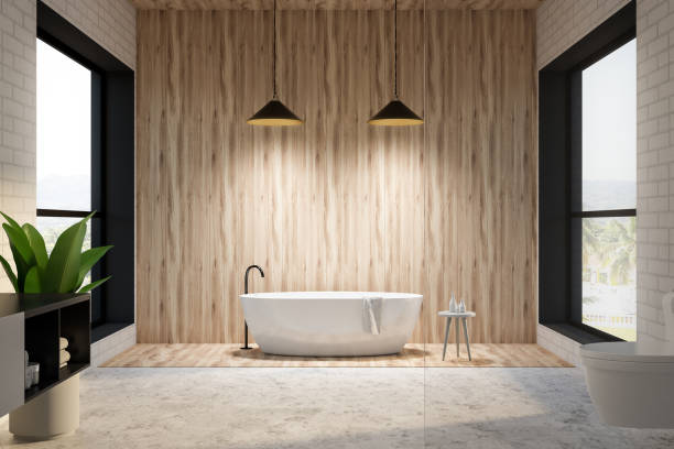 istock Brick and wooden bathroom interior, round tub 1059770512