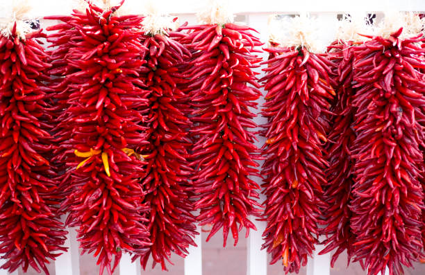 istock Santa Fe, NM: Sunlit  Row of Long Chili Pepper Ristras 1059778494