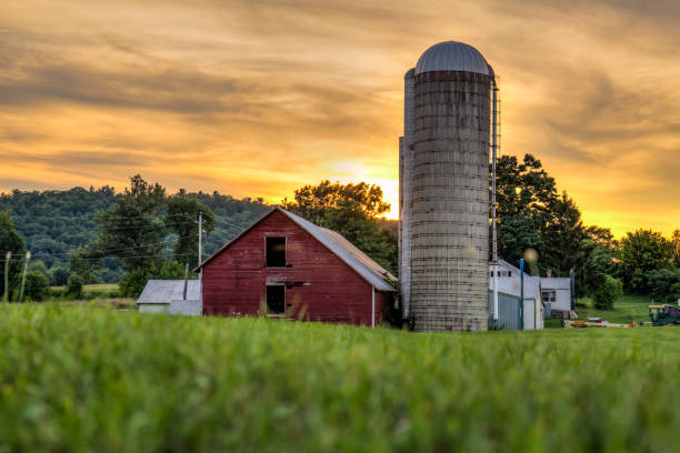 バークシャー山の不機嫌そうな日没時に納屋 - house barn residential structure rural scene ストックフォトと画像