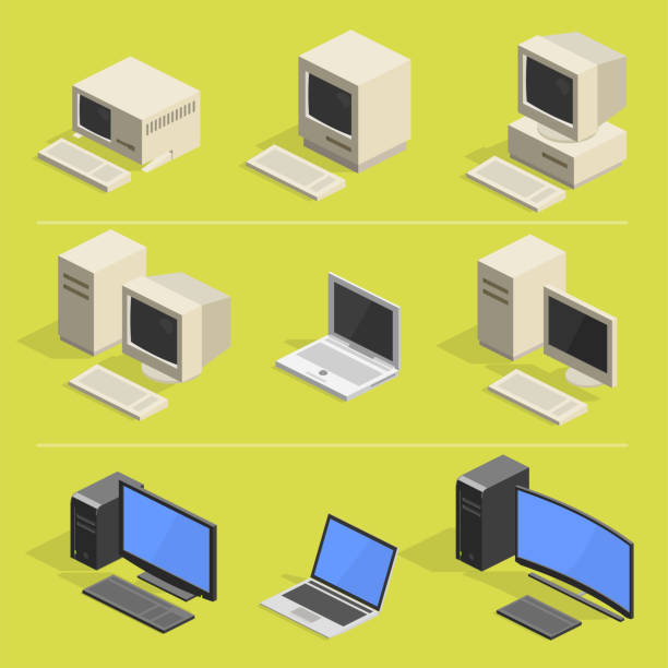 computer history 2 history of computer - isometric icons tower illustrations stock illustrations