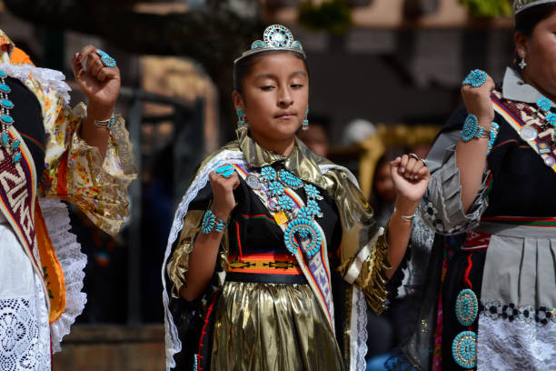 Indigenous Peoples Day Santa Fe, NM - October 8, 2018: A young Native-American girl from Zuni Pueblo in New Mexico, wearing her Miss Zuni Princess crown, dances at Indigenous Peoples Day in Santa Fe, New Mexico. indigenous peoples day stock pictures, royalty-free photos & images