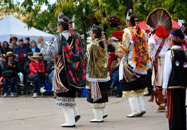 Indigenous Peoples Day Santa Fe, NM - October 8, 2018: Native-American dancers from Zuni Pueblo in New Mexico perform at Indigenous Peoples Day in Santa Fe, New Mexico. indigenous peoples day stock pictures, royalty-free photos & images