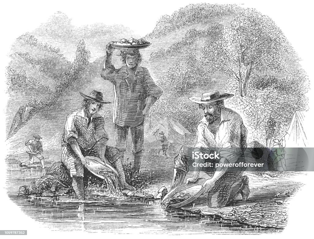 Panning for Gold at the Mokelumne River in California, USA (19th Century) Panning for gold at the Mokelumne River in California, United States of America (circa mid 19th century). Vintage etching circa mid 19th century. Panning for Gold stock illustration