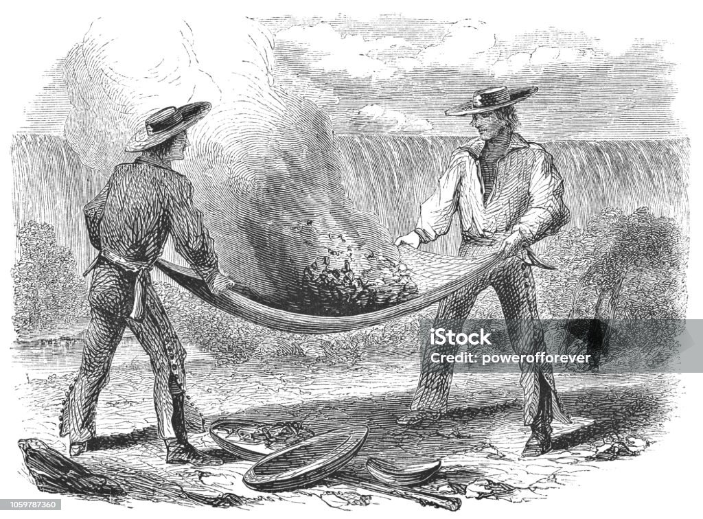 Winnowing for Gold in California, USA (19th Century) Winnowing for gold in California, United States of America (circa mid 19th century). Vintage etching circa mid 19th century. California stock illustration