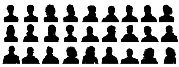 People Profile Silhouettes Variation of Head Silhouette front and side view isolated on white background highly detailed human head stock illustrations