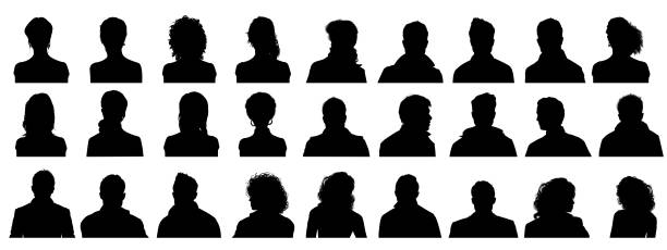 People Profile Silhouettes Variation of Head Silhouette front and side view isolated on white background highly detailed man shadow head stock illustrations