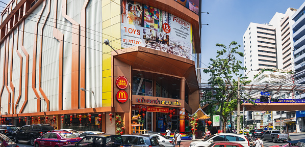 Bangkok, Thailand - March 1, 2018: Mega plaza Shopping Mall on Maha Chai Road in Chinatown, famous district with street food market in Bangkok, Thailand