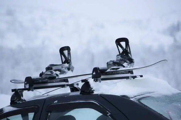 Car with ski rack on top. Winter sports design element , travel by car for skiing and snowboarding carrying own snowboard