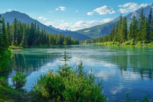 Lake at Bow River in Banff and Banff Indian Trading Post stock photo