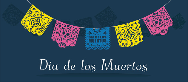 Dia de los muertos (day of the dead) Mexican  traditional bunting banner vector. Papel picado background.