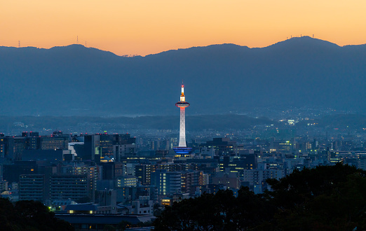Kyoto city view in sunset, with Kyoto tower
