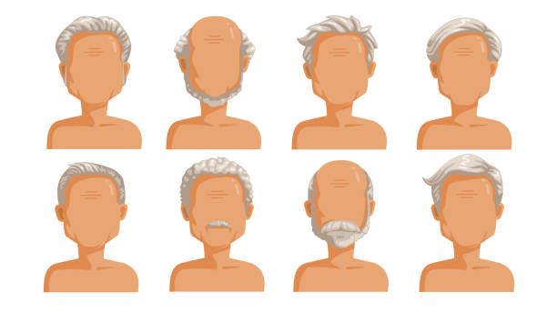 Elderly hair Elderly man hair. Grey hair set of men cartoon hairstyles. Beard and beard of the old man. Collection of fashionable stylish types.Vector icon illustration isolated on white background. hair grey stock illustrations