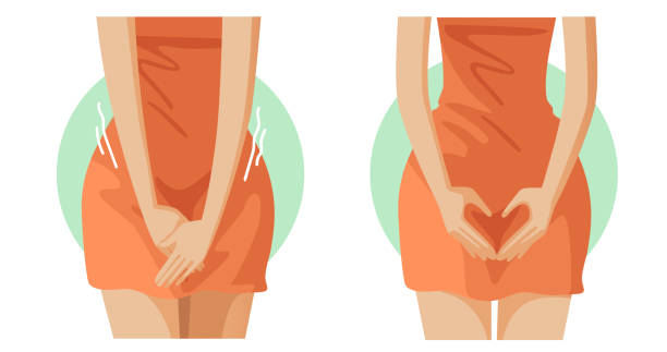 Feminine Hygiene Groin of female. Feminine Hygiene. woman with hands over her crotch. Close up view of young woman and Hand is a symbol of heart. Gynecology and Health hygiene concept. The contradictory emotions. women private part stock illustrations