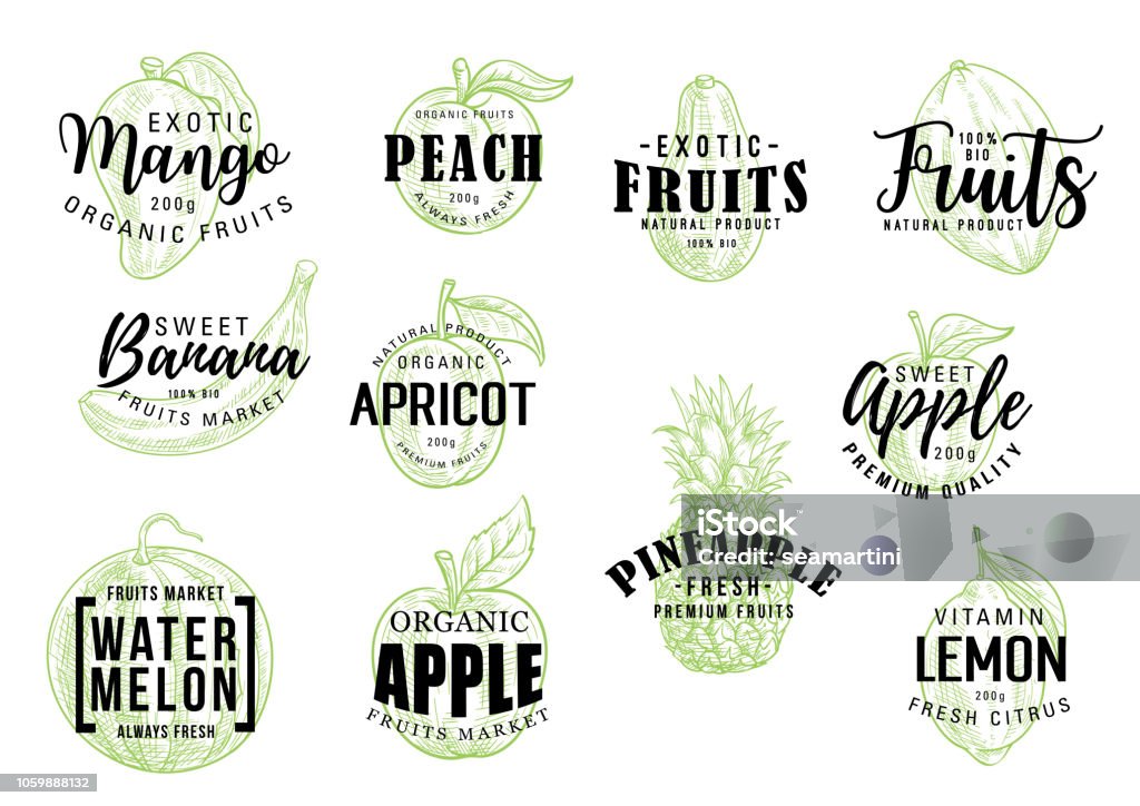 Exotic fruits market lettering sketch Exotic tropical fruits sketch lettering. Vector calligraphy of mango, peach or banana and apricot, organic apple with pineapple, watermelon and citrus lemon fruit Peach stock vector