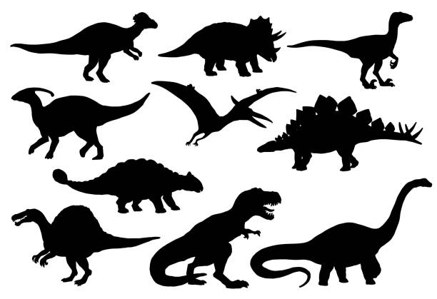 Dinosaurs and T-rex monster reptiles, vector Dinosaurs and Jurassic dino monsters icons. Vector silhouette of triceratops or T-rex, brontosaurus or pterodactyl and stegosaurus, pteranodon or ceratosaurus and parasaurolophus reptile animal wildlife illustrations stock illustrations