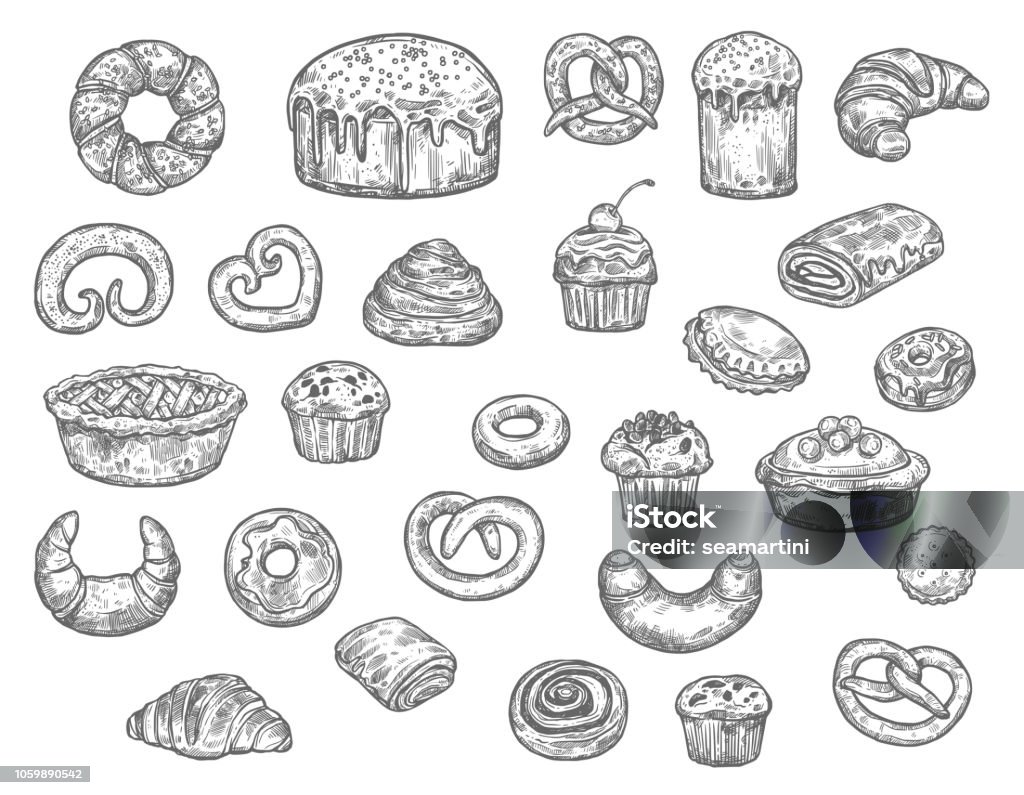 Bakery shop bread and dessert cakes, vector sketch Bread, buns, cakes and pastry desserts vector sketch. Isolated wheat bagel, toast or croissant and bun, sweet chocolate donut and pie with gingerbread cookie biscuits. Bakery shop Bun - Bread stock vector