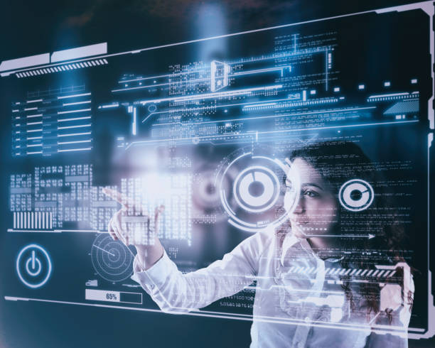 istock Woman working on digital touch screen with data and informations.Futuristic user interface. 1059902354