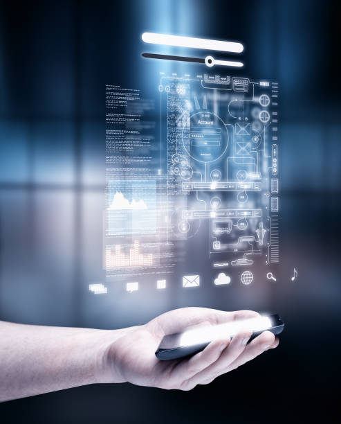 istock Hand holding a smartphone with a digital screen full of codes and personal data. 1059903478