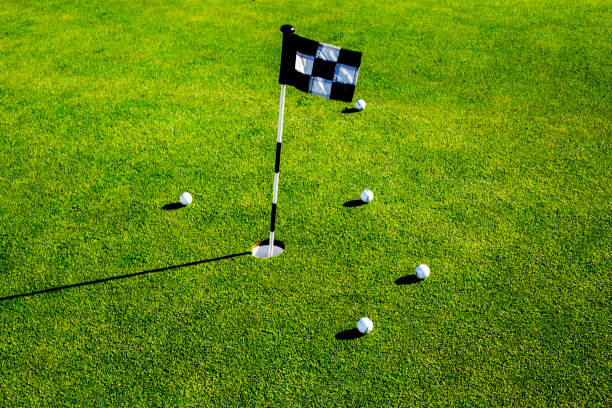 パッティング グリーン ホール横にあるゴルフ ・ ボール - putting green practicing putting flag ストックフォトと画像