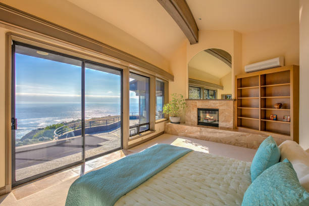 Bedroom: Modern, luxurious  by ocean in northern California Bedroom: Modern, luxurious  by ocean in northern California mendocino photos stock pictures, royalty-free photos & images