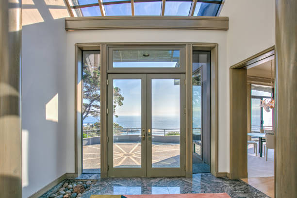 Front door entry to house: Modern, luxurious skylight home by ocean in northern California Front door entry to house: Modern, luxurious skylight home by ocean in northern California mendocino photos stock pictures, royalty-free photos & images