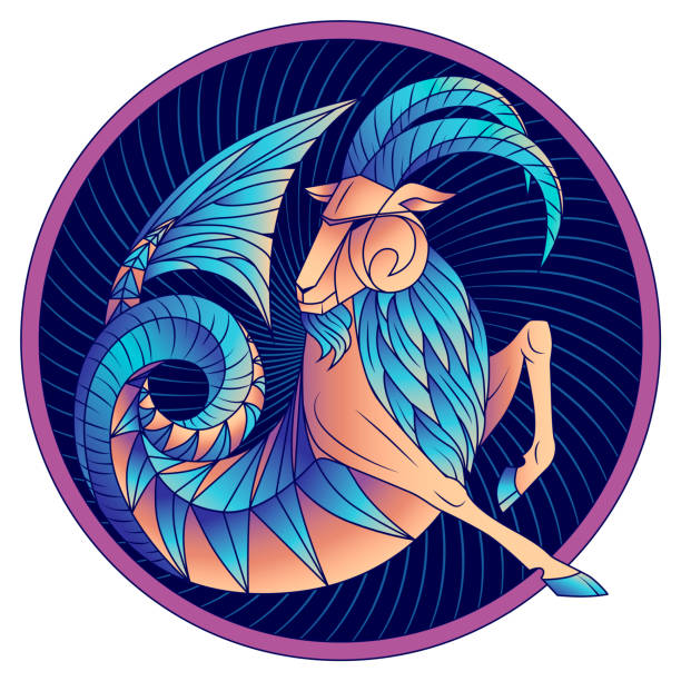 Capricorn zodiac sign horoscope symbol blue vector Cancer zodiac sign, astrological, horoscope symbol. Futuristic style icon. Stylized graphic blue fantastic animal, deity of ancient Greece. Sea goat with fish tail, beard and big horns. Vector art capricorn zodiac stock illustrations