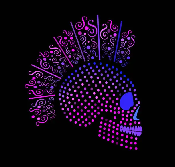 Vector illustration of Punk skull icon with dots and ornament details purple