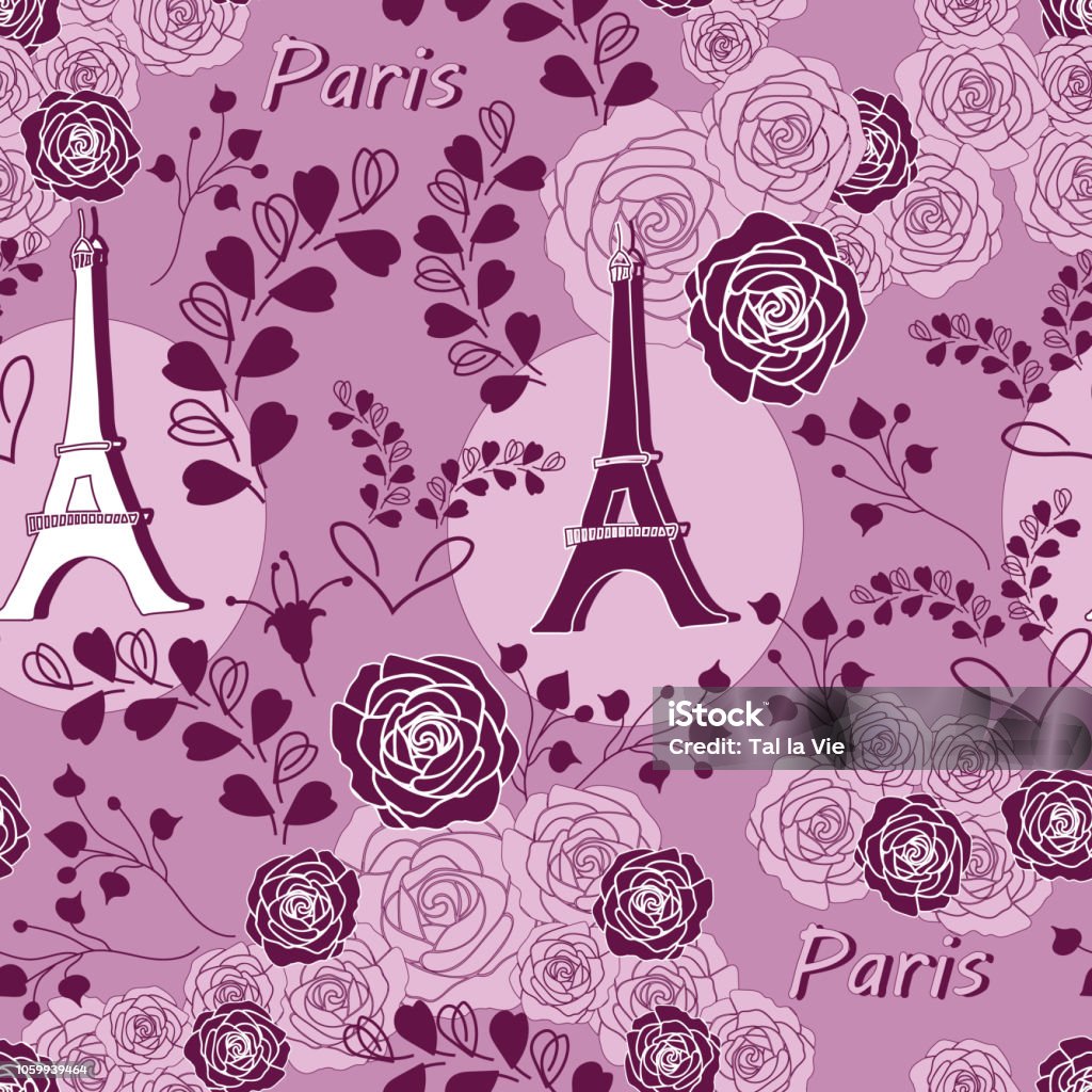 Roses on Eiffel-Love in Parise Seamless Repeat Pattern Background Roses on Eiffel -Love in Parise Seamless Repeat Pattern. Background illustration with Eiffel tower and Roses in pink and Purple .Delicate Pattern Background. Surface pattern Design, Perfect for Fabric, Scrapbook, wallpaper. Paris - France stock vector