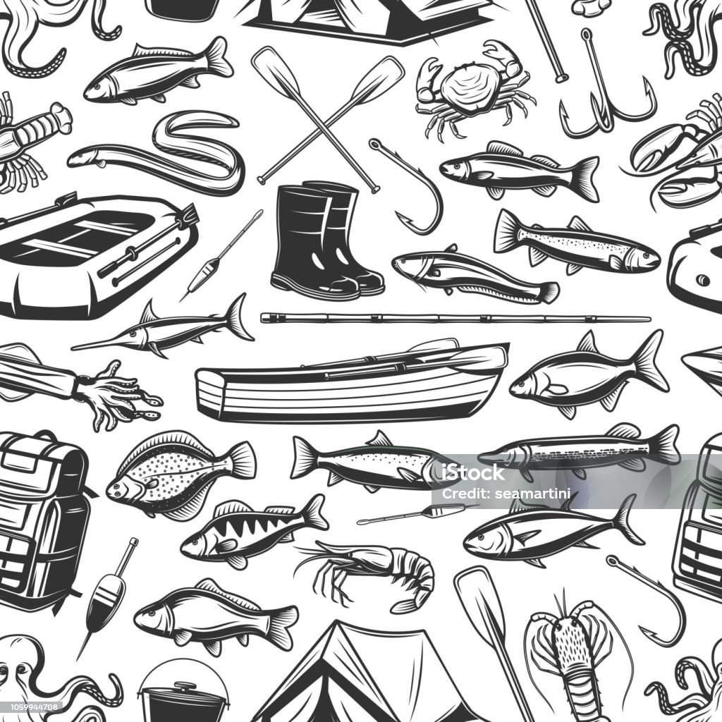 Fishing gear and seafood pattern Fish and fishing gear monochrome seamless pattern. Inflatable and wooden boats, rod, hook, boots and backpack, bait and tent. Vector mackerel and tuna, hake, sardine and sea eel Cod stock vector Fishing gear and seafood pattern Fish and fishing gear monochrome seamless pattern. Inflatable and wooden boats, rod, hook, boots and backpack, bait and tent. Vector mackerel and tuna, hake, sardine and sea eel Cod stock vector