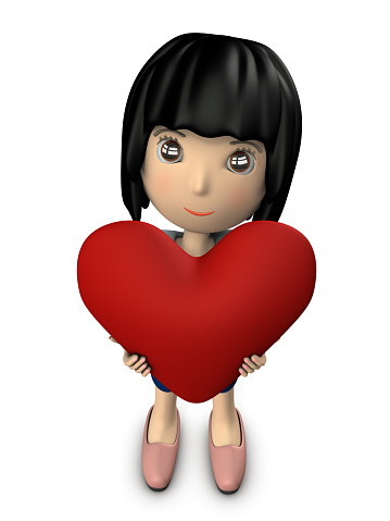 A cute woman holding a big heart.  3D illustration. She is looking at camera.