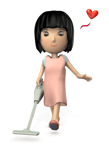 A young woman holding a handy vacuum cleaner and cleaning it lightly. She is wearing a cute apron.  3D illustration