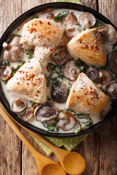 istock Stewed chicken breast with wild mushroom sauce and spinach closeup on a plate. Vertical top view 1059951216